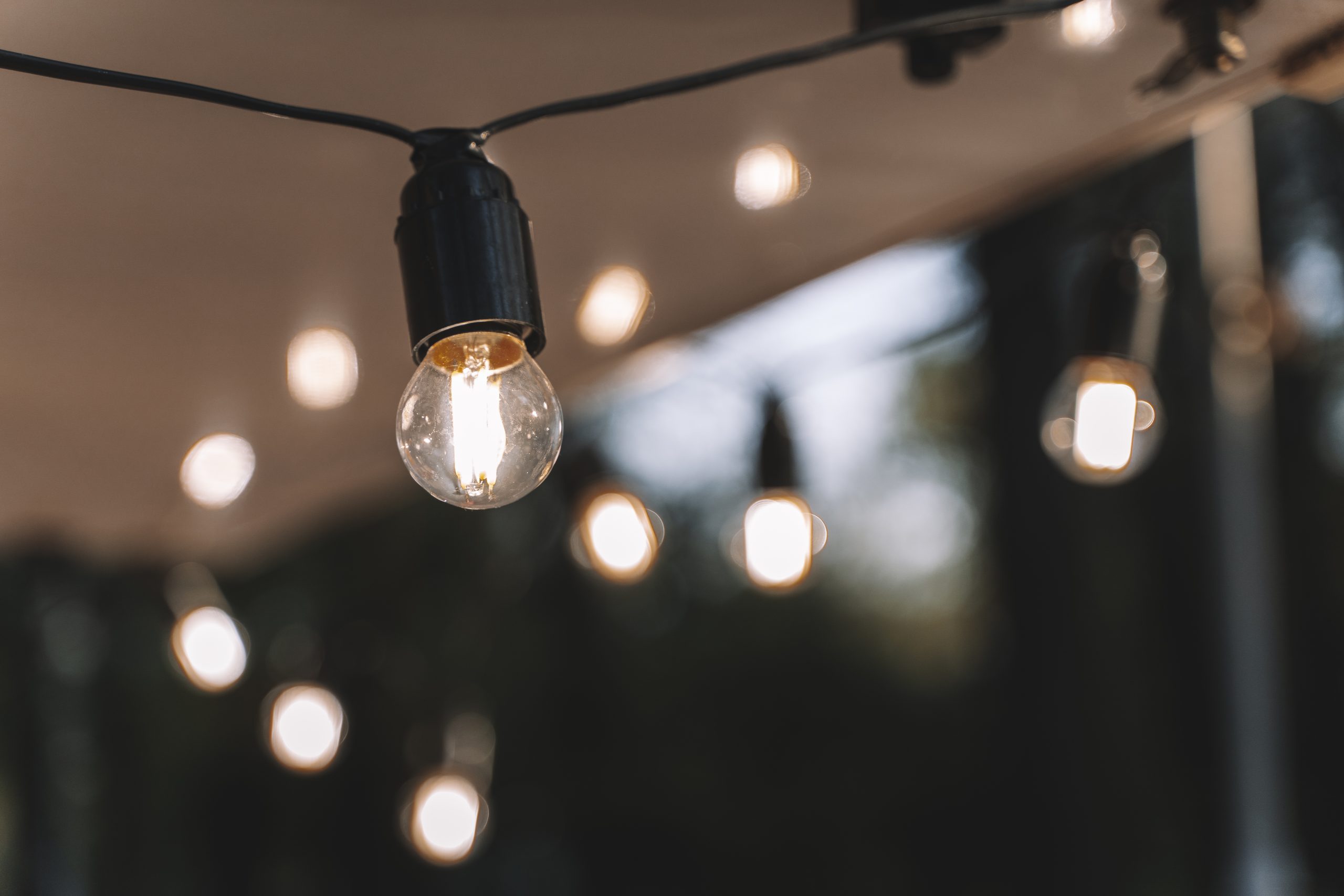 Garland of light bulbs for the evening decor of the yard and at home. High quality photo